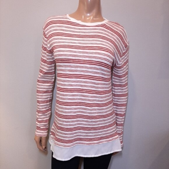 3/$20 Denver Hayes Striped Knit Top Faux Layered Hem Cotton Burgundy White - Picture 10 of 13